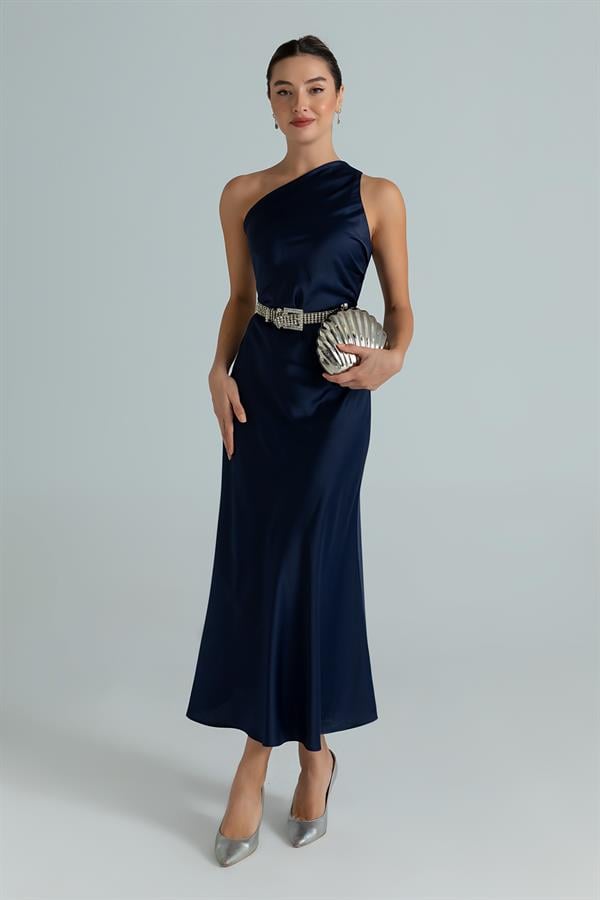 Tek Omuz Saten Maxi Elbise - LACİVERT