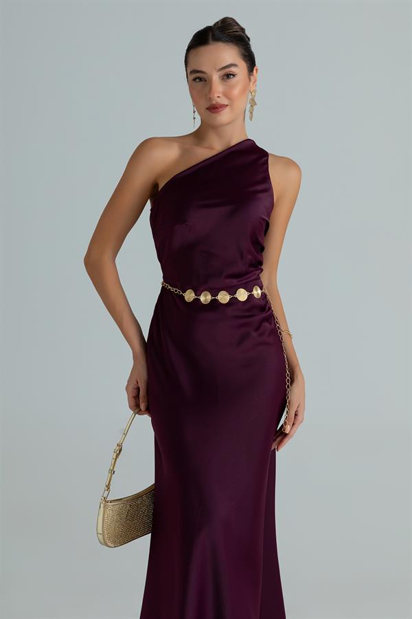 Tek Omuz Saten Maxi Elbise - MOR