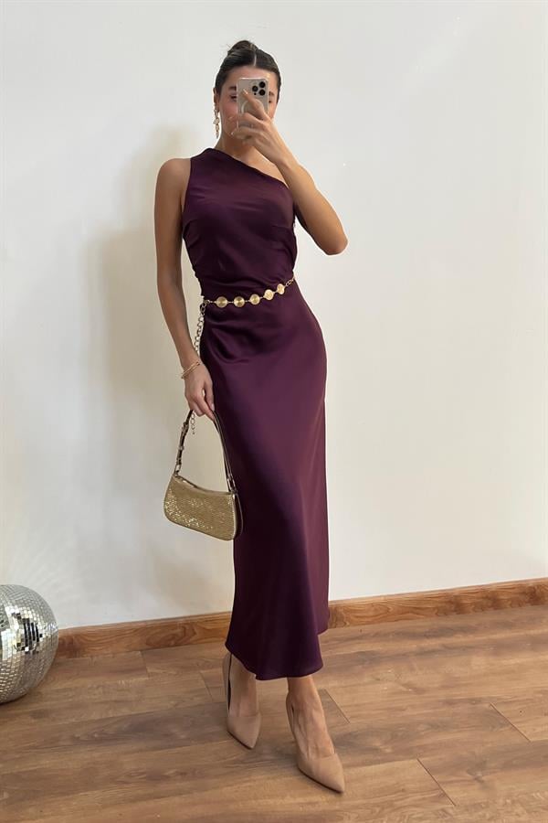 Tek Omuz Saten Maxi Elbise - MOR