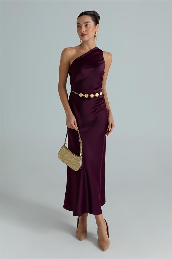 Tek Omuz Saten Maxi Elbise - MOR