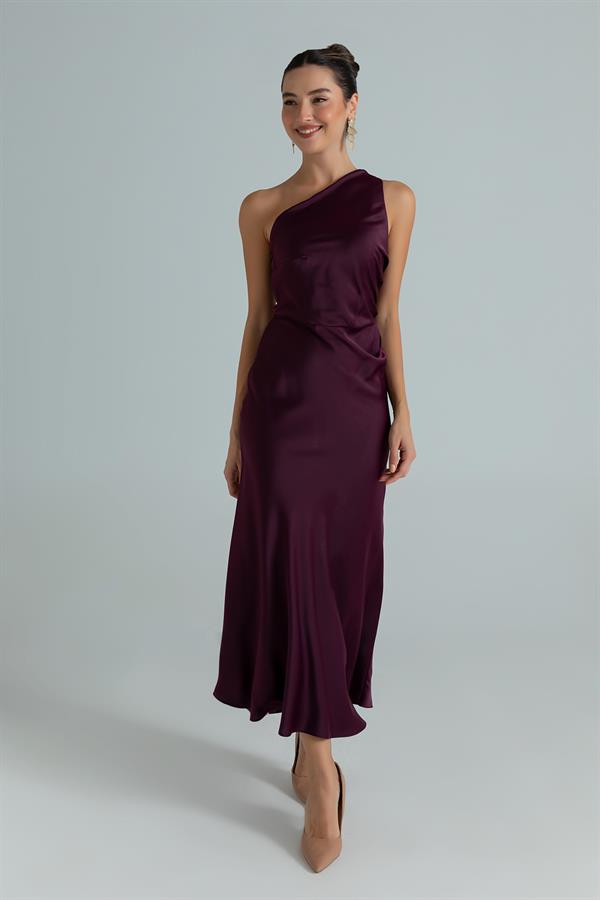 Tek Omuz Saten Maxi Elbise - MOR