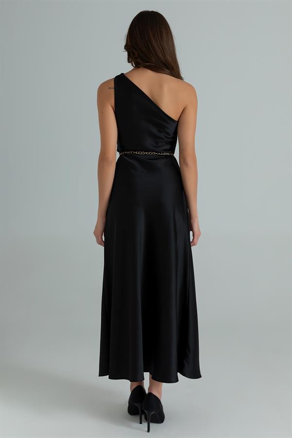 Tek Omuz Saten Maxi Elbise - SİYAH