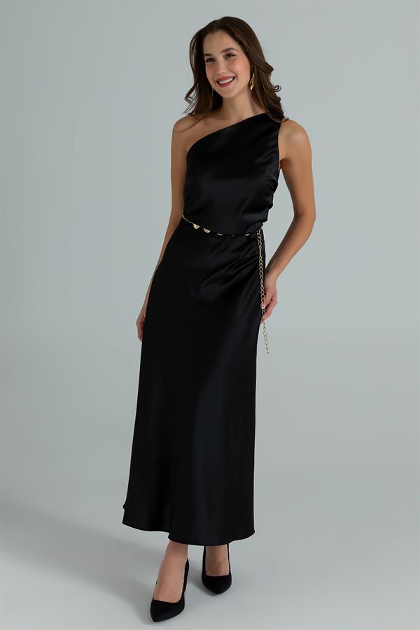 Tek Omuz Saten Maxi Elbise - SİYAH