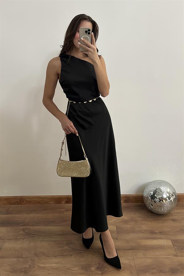 Tek Omuz Saten Maxi Elbise - SİYAH