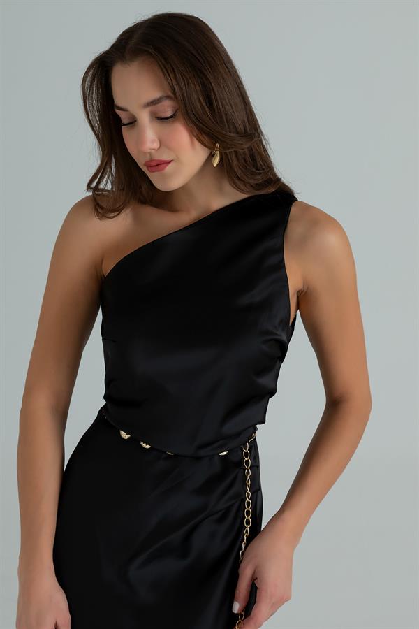 Tek Omuz Saten Maxi Elbise - SİYAH