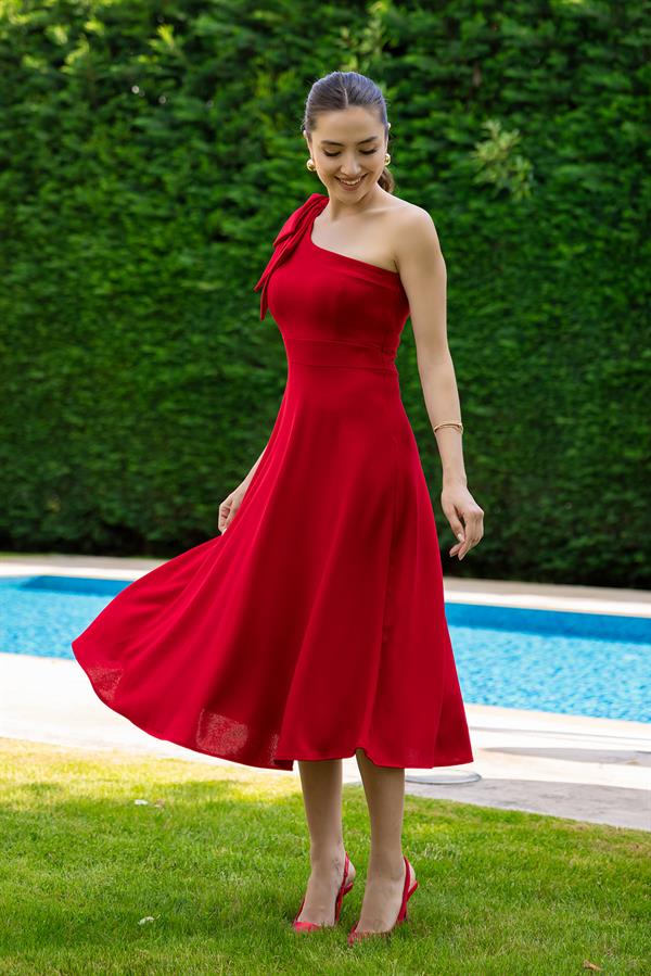 One-Shoulder Designer Dress - Red