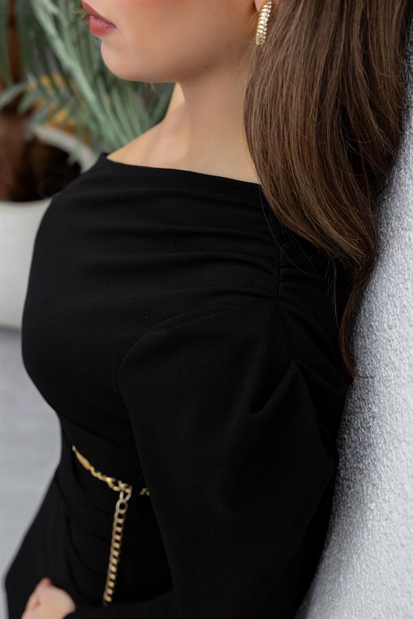 Tek Omuz Zincir Kemerli Elbise - SİYAH