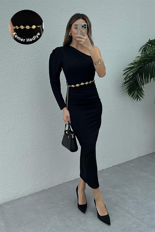 Tek Omuz Zincir Kemerli Elbise - SİYAH