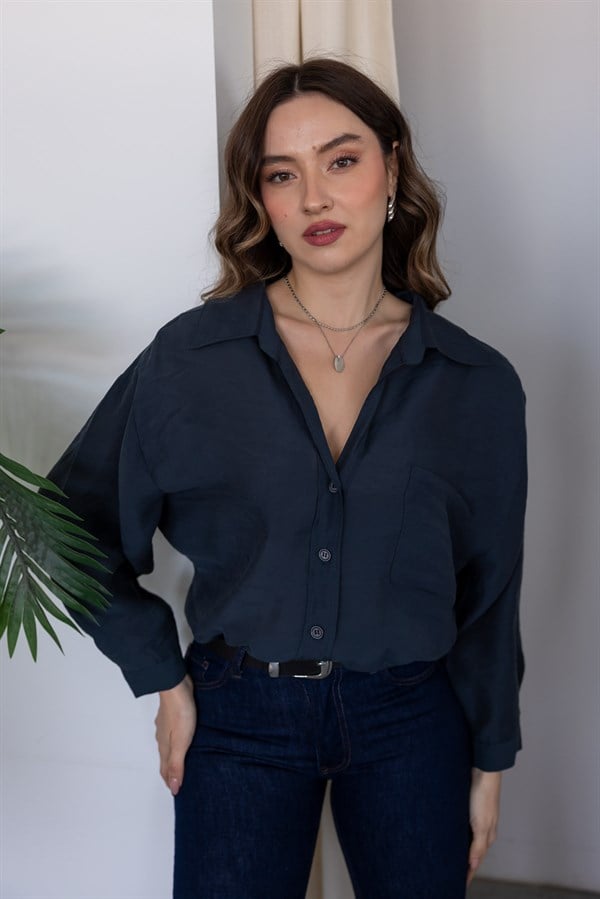 Tensel Oversize Gömlek - LACİVERT