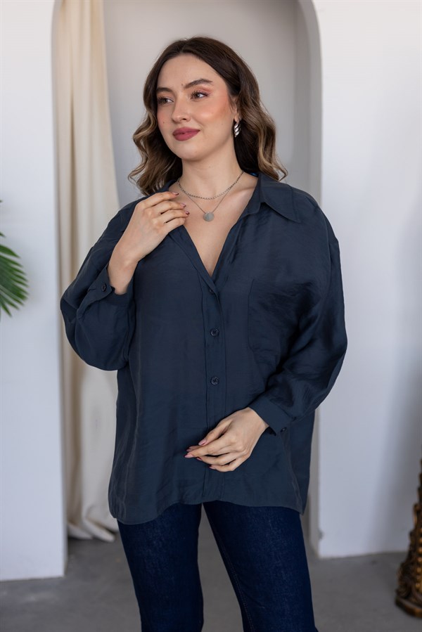 Tensel Oversize Gömlek - LACİVERT
