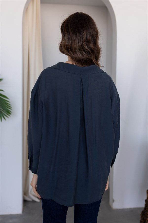 Tensel Oversize Gömlek - LACİVERT