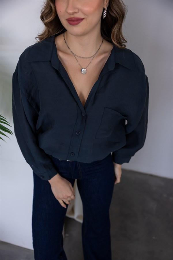 Tensel Oversize Gömlek - LACİVERT