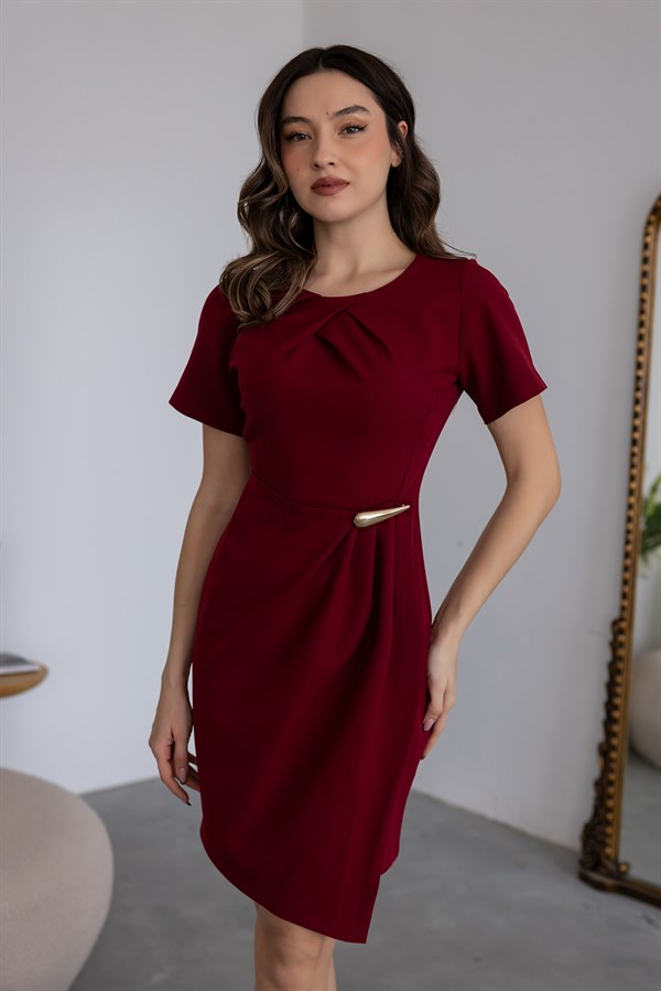 Toka Detaylı Mini Elbise - BORDO