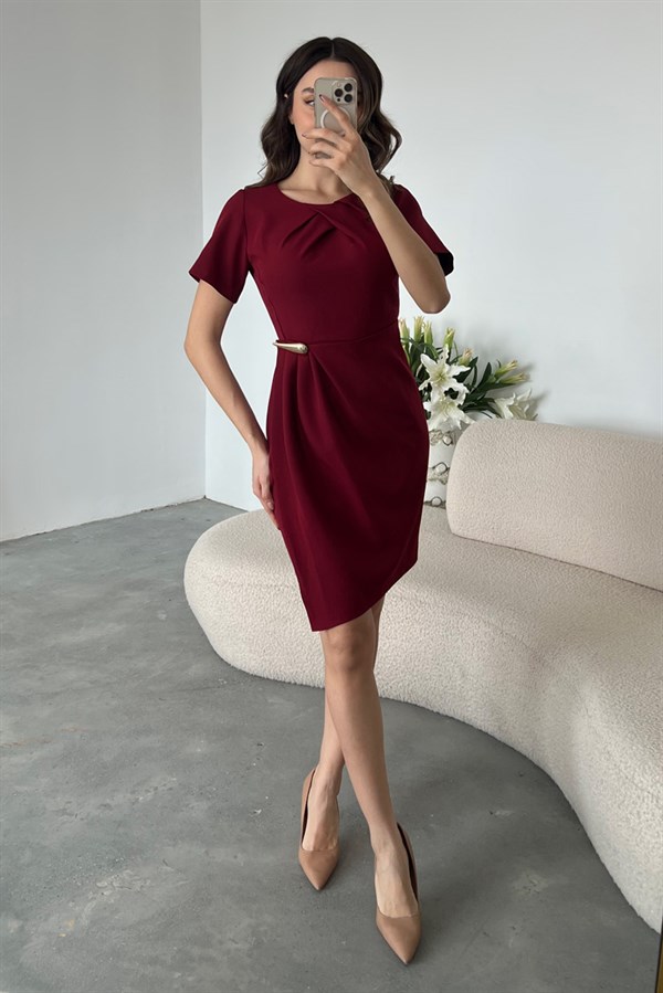 Toka Detaylı Mini Elbise - BORDO