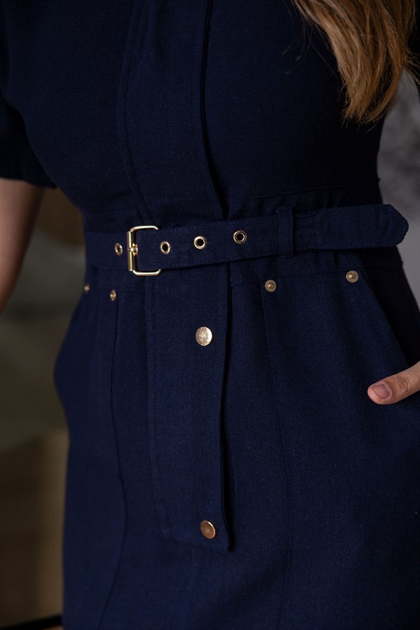 Tokalı Keten Elbise - LACİVERT