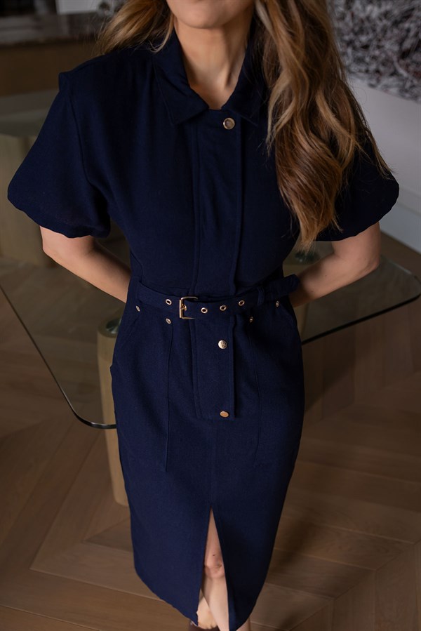 Tokalı Keten Elbise - LACİVERT