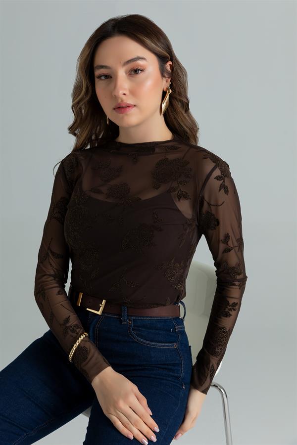 Transparan Çiçekli Bluz - KAHVERENGİ