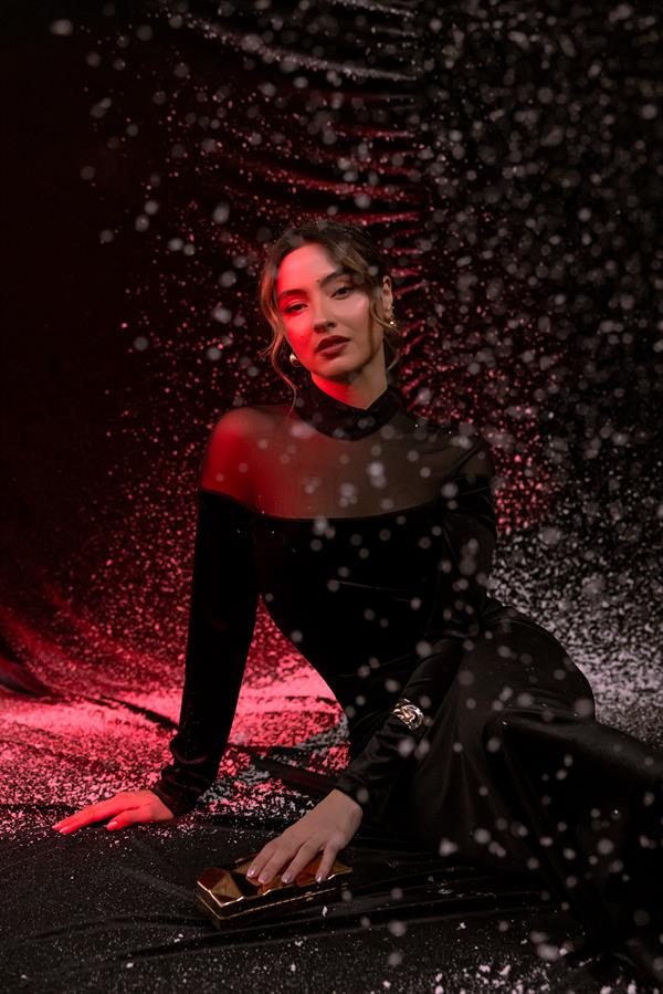 Transparan Detay Kadife Elbise - SİYAH