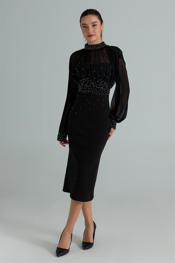 Transparan Detay Kalem Elbise - SİYAH