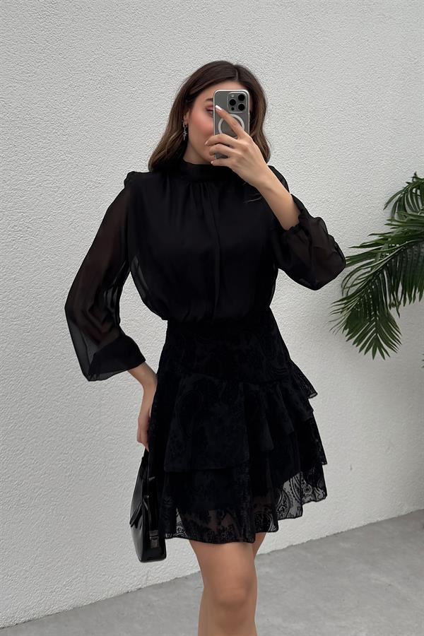 Transparan Flok Baskılı Elbise - SİYAH