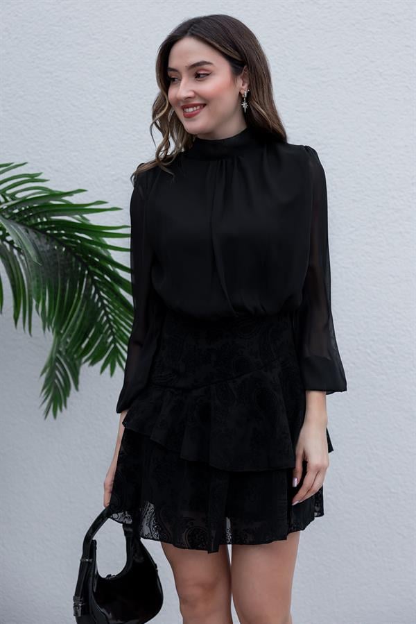 Transparan Flok Baskılı Elbise - SİYAH