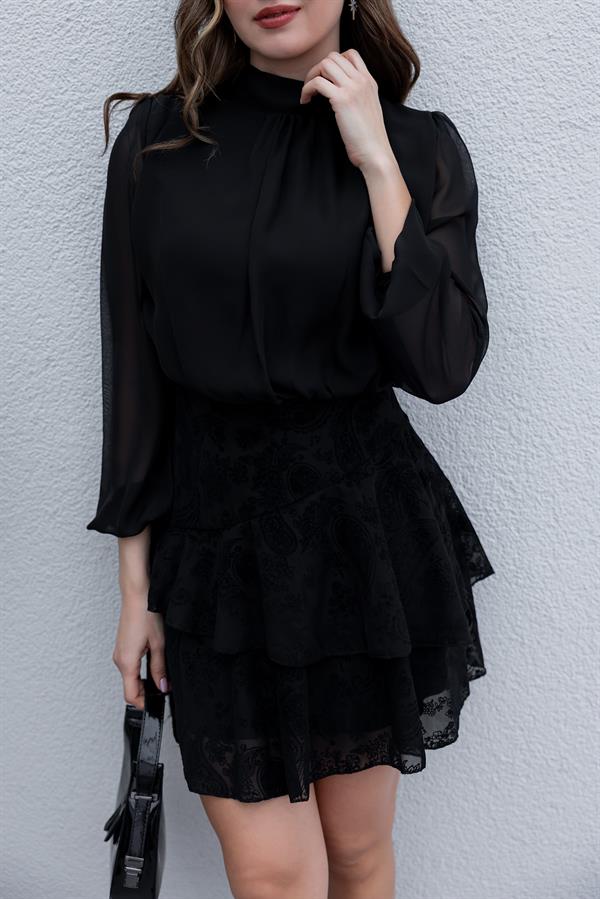 Transparan Flok Baskılı Elbise - SİYAH