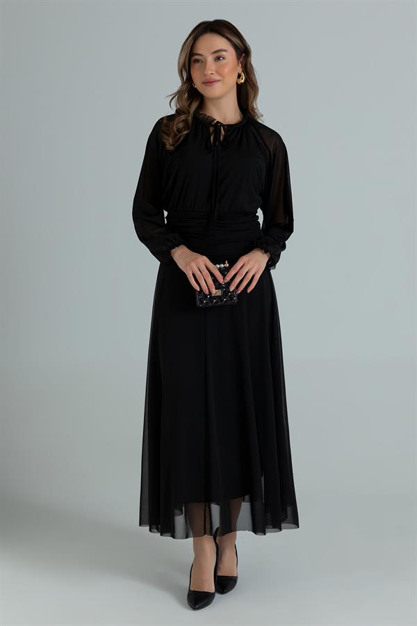 Transparan Kol Elbise - SİYAH