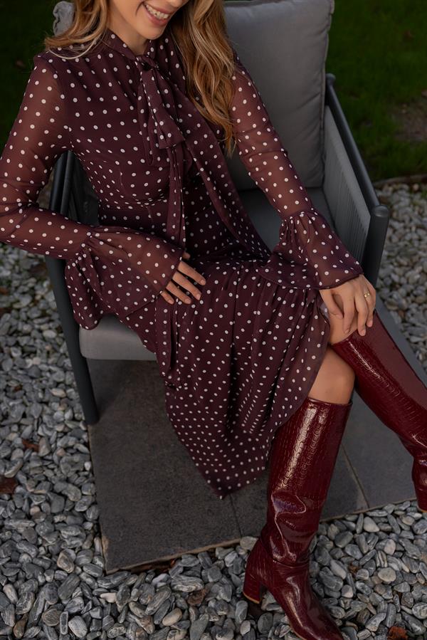 Transparan Kol Puantiyeli Elbise - KAHVERENGİ