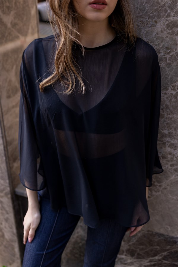 Transparan Pelerin Bluz - SİYAH