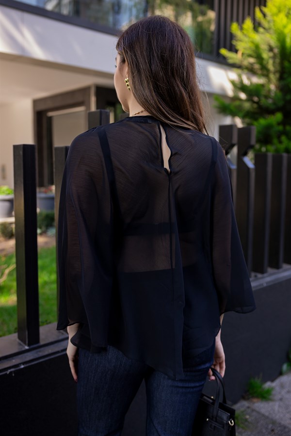 Transparan Pelerin Bluz - SİYAH
