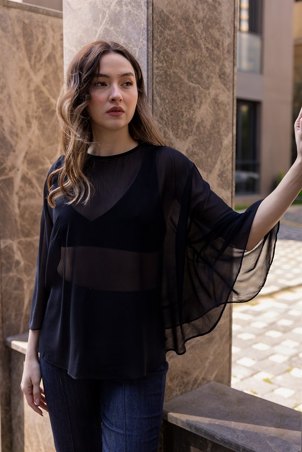 Transparan Pelerin Bluz - SİYAH