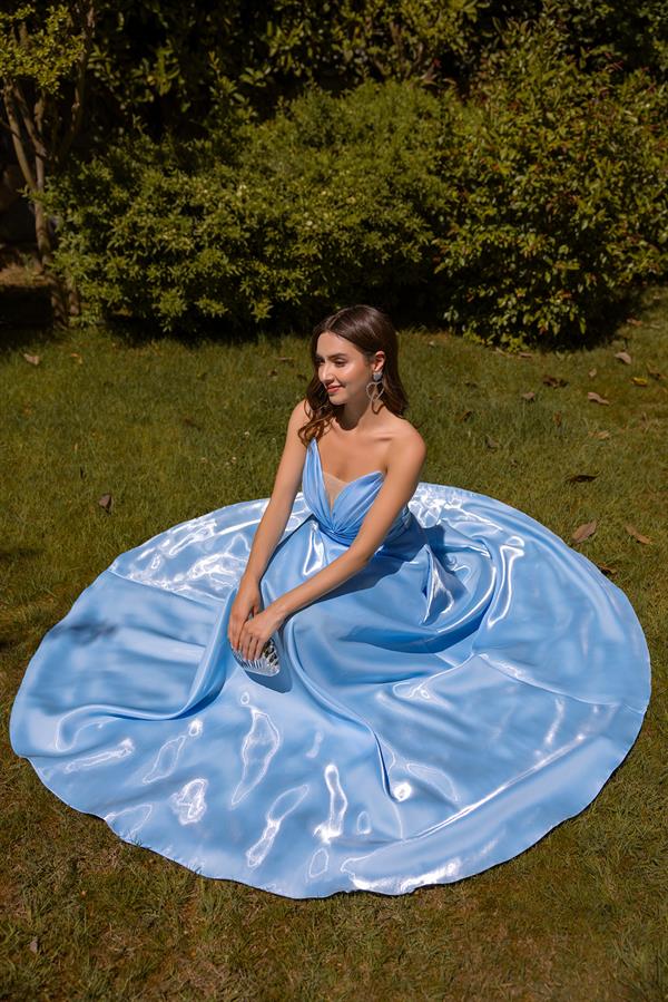 Transparan Sırt Detay Saten Abiye - Bebe Mavi