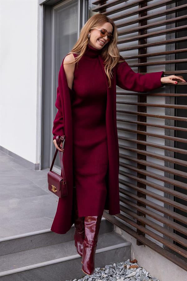 Triko Uzun Hırkalı Takım - BORDO