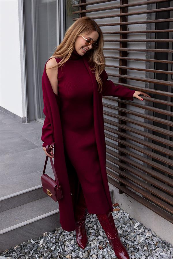 Triko Uzun Hırkalı Takım - BORDO