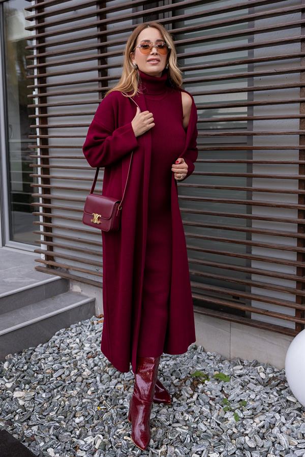 Triko Uzun Hırkalı Takım - BORDO