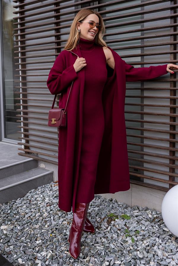 Triko Uzun Hırkalı Takım - BORDO