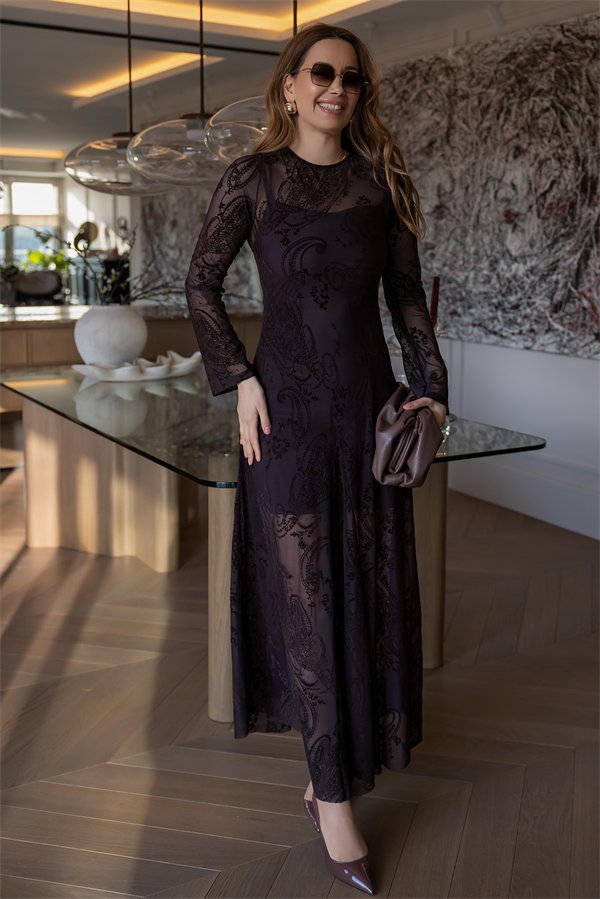 Tül Flok Baskılı Kloş Elbise - KAHVERENGİ