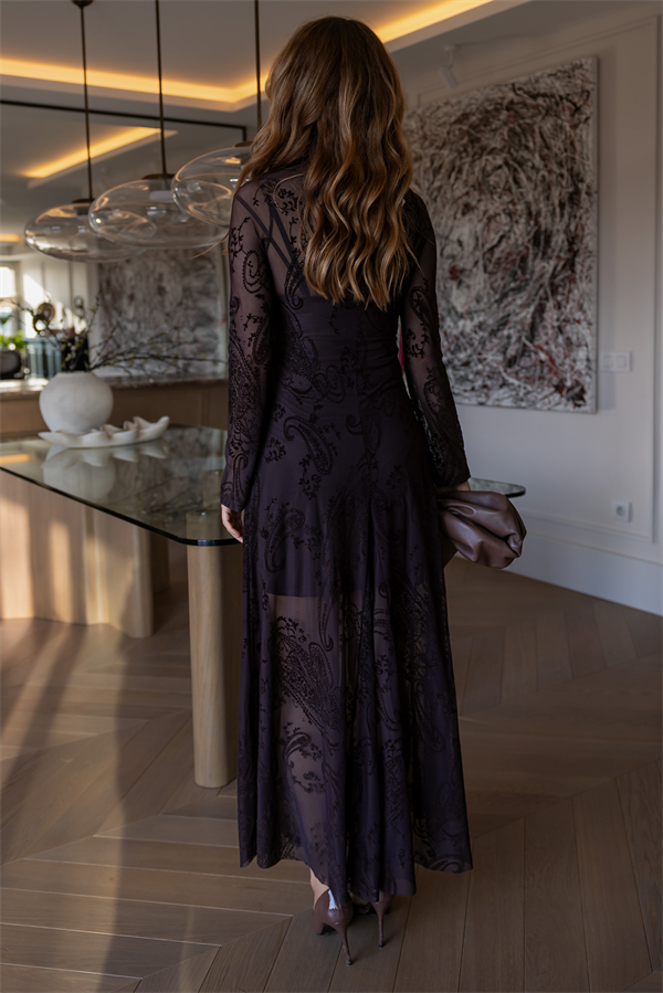 Tül Flok Baskılı Kloş Elbise - KAHVERENGİ