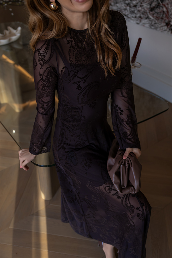 Tül Flok Baskılı Kloş Elbise - KAHVERENGİ