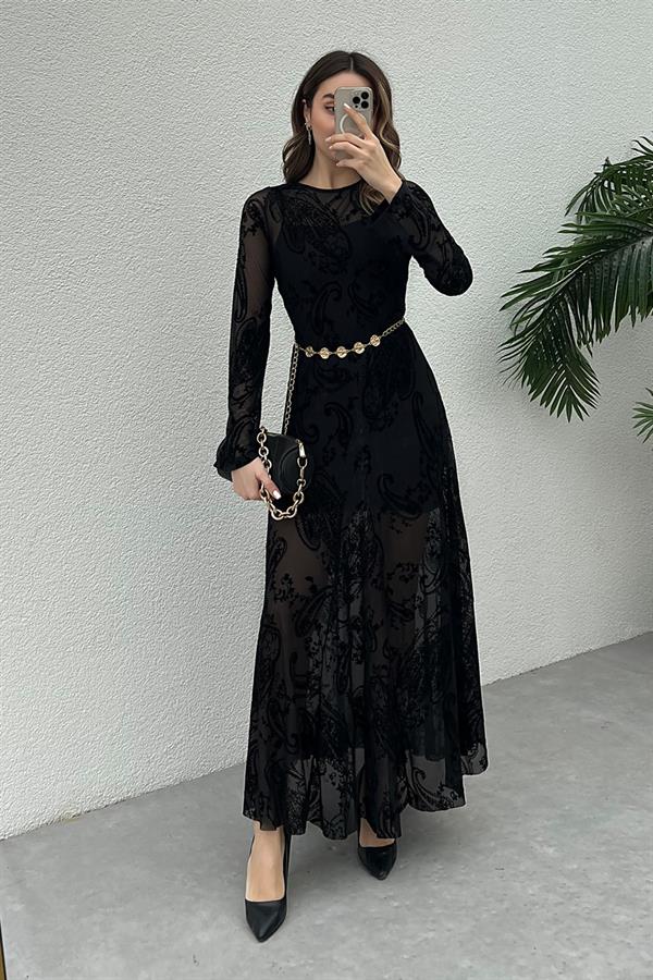 Tül Flok Baskılı Kloş Elbise - SİYAH