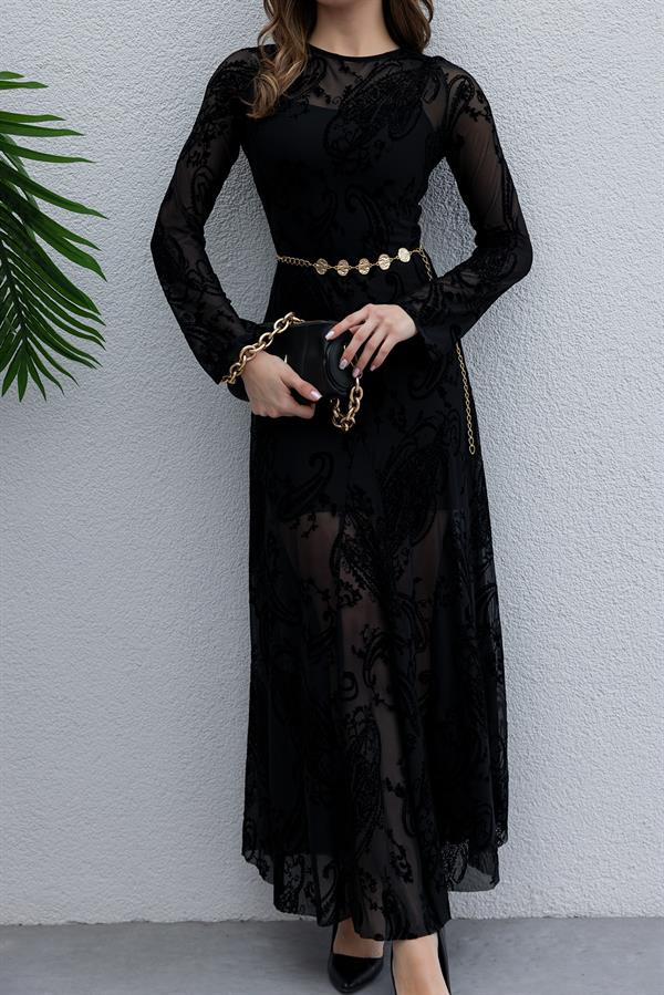 Tül Flok Baskılı Kloş Elbise - SİYAH