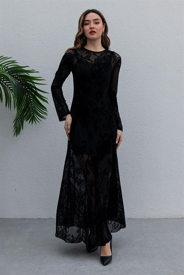 Tül Flok Baskılı Kloş Elbise - SİYAH