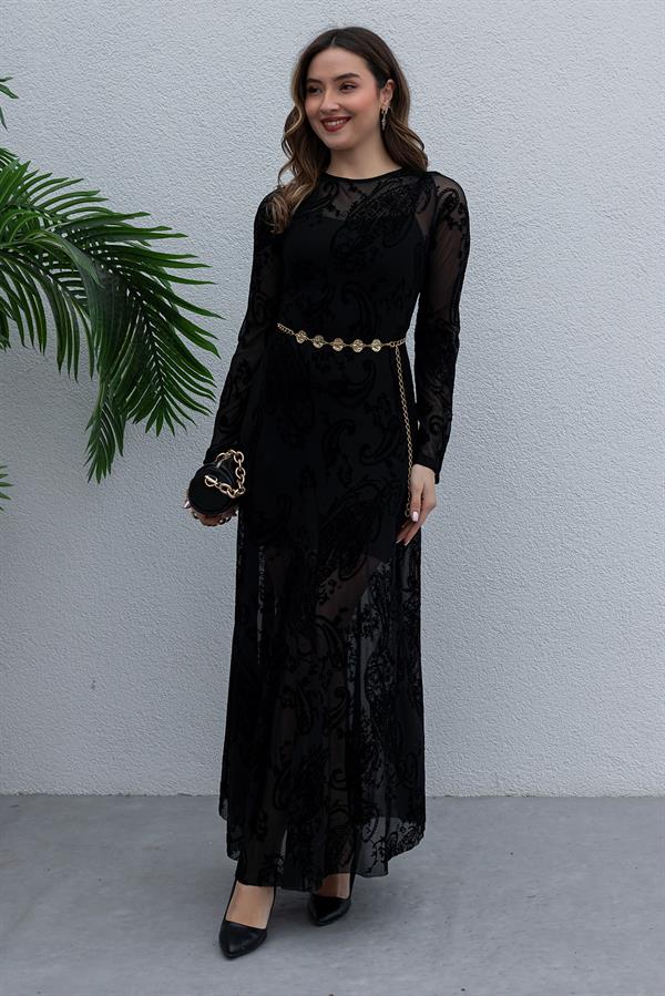 Tül Flok Baskılı Kloş Elbise - SİYAH