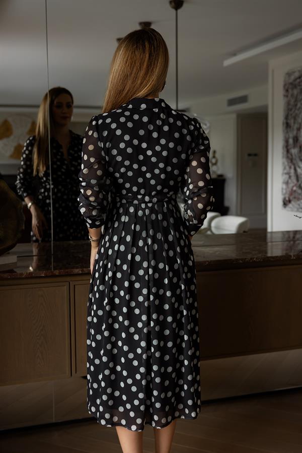 Tül Puantiyeli Elbise - SİYAH