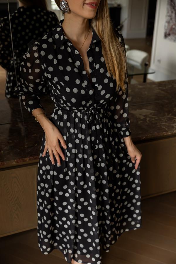 Tül Puantiyeli Elbise - SİYAH