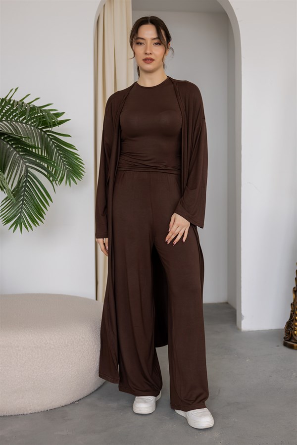 Üçlü Triko Modal Takım - KAHVERENGİ