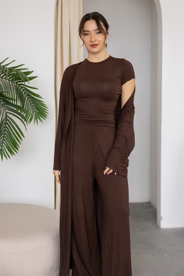 Üçlü Triko Modal Takım - KAHVERENGİ