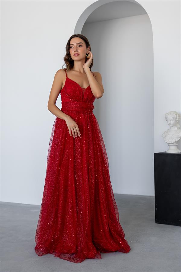 Uzun Işıltılı Abiye - KIRMIZI