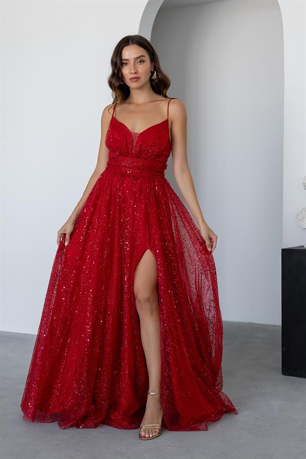 Uzun Işıltılı Abiye - KIRMIZI