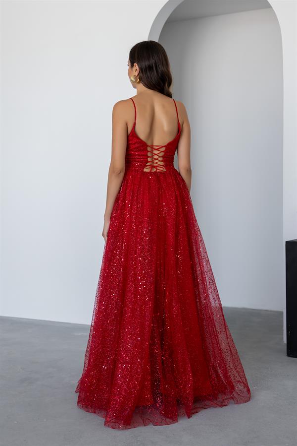 Uzun Işıltılı Abiye - KIRMIZI